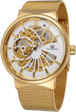 Stainless Steel Bracelet Mesh Skeleton Watch FORSINING accordion Men's Popular Mechanical Hand-Wind Ultra Thin 