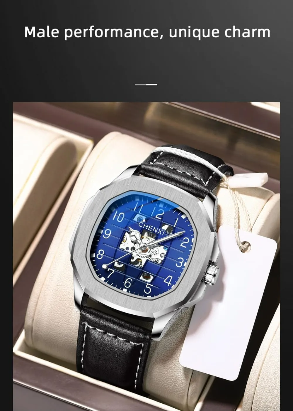 Stainless Steel Luxury Wristwatches Fashion New Men Leather Square Dial Automatic Mechanical ripe senator cylinder citation Watch Waterproof Luminous Full-automatic Hollow 