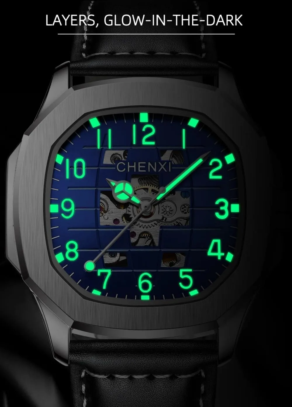 Stainless Steel Luxury Wristwatches Fashion New Men Leather Square Dial Automatic Mechanical ripe senator cylinder citation Watch Waterproof Luminous Full-automatic Hollow 