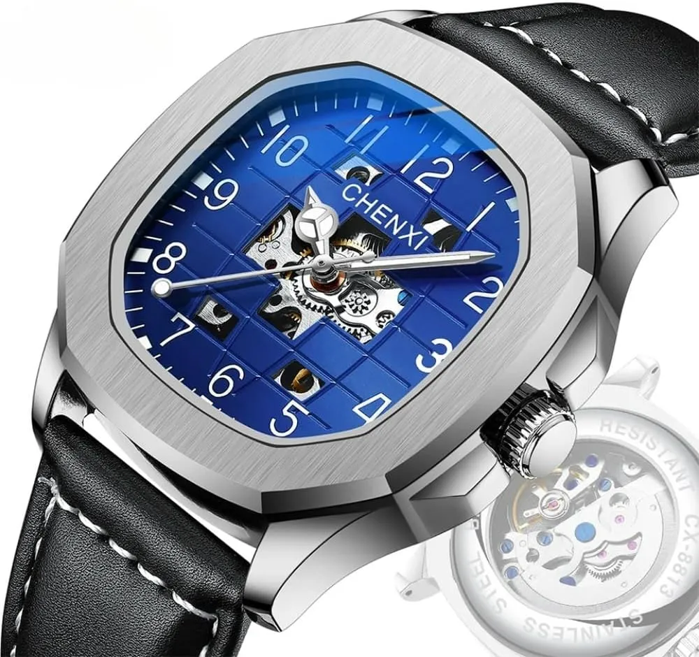 Stainless Steel Luxury Wristwatches Fashion New Men Leather Square Dial Automatic Mechanical ripe senator cylinder citation Watch Waterproof Luminous Full-automatic Hollow 