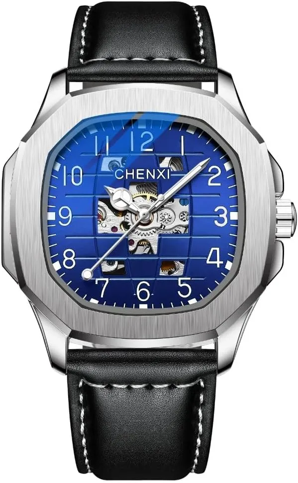 Stainless Steel Luxury Wristwatches Fashion New Men Leather Square Dial Automatic Mechanical ripe senator cylinder citation Watch Waterproof Luminous Full-automatic Hollow 