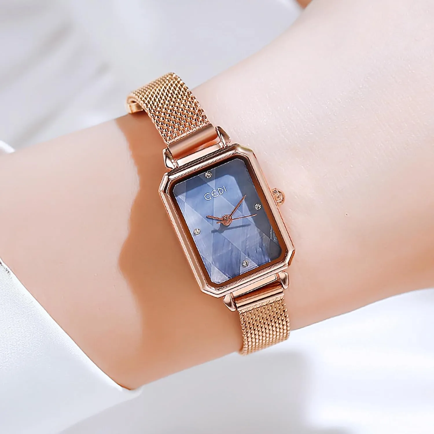 Stainless Steel Mesh Band Waterproof Wrist Watch Women's Minimalist Dainty Watch Fashion Business Analog Quartz Watch for Iceland leafy Womens Rose Gold 