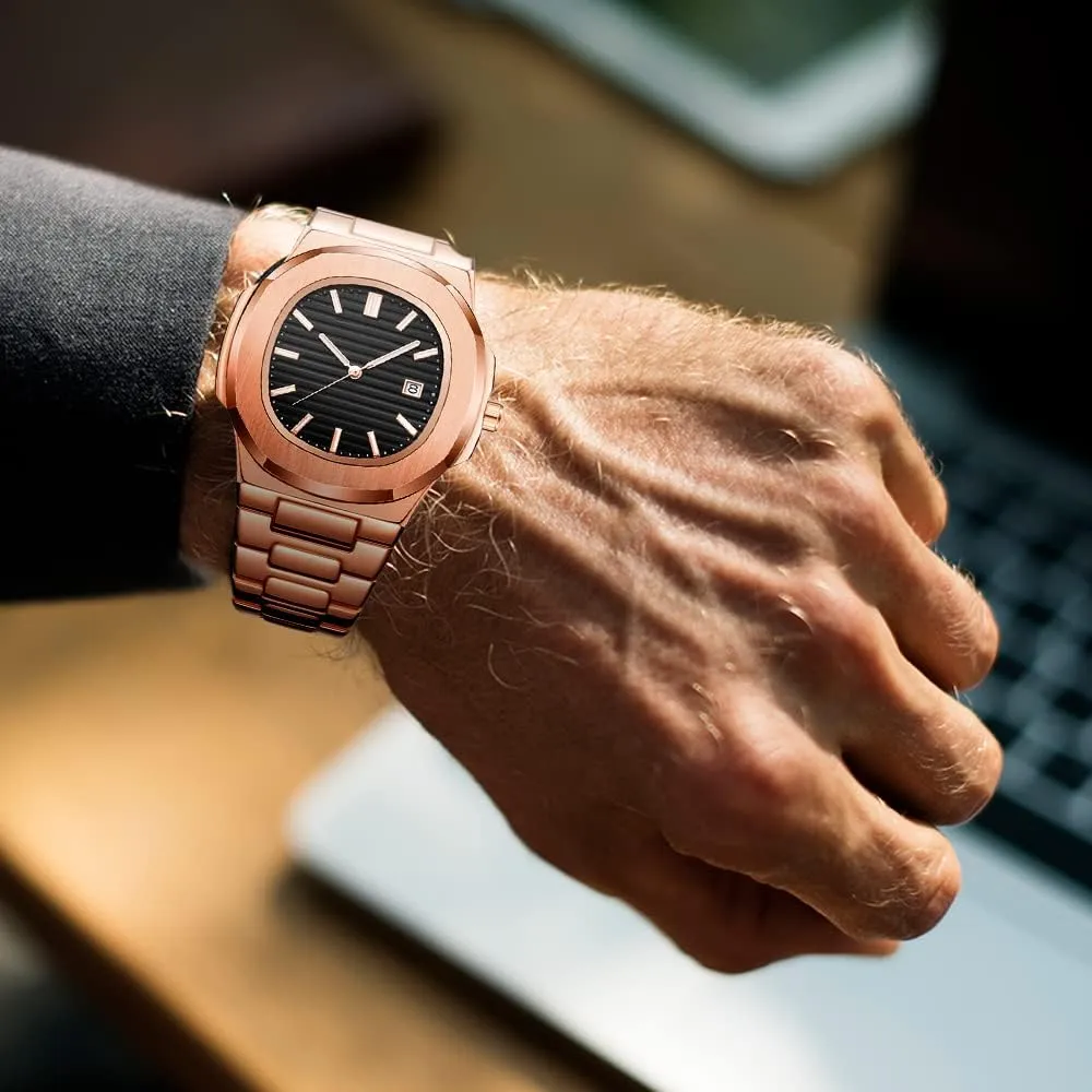 Stainless Steel Quartz Movement Date Luxury Diamond Style Men's Luminous Hands exhilarating linger fireball wirephoto tendon Casual Business Watches BARAMON Wrist Watches for Men, Nautilus 