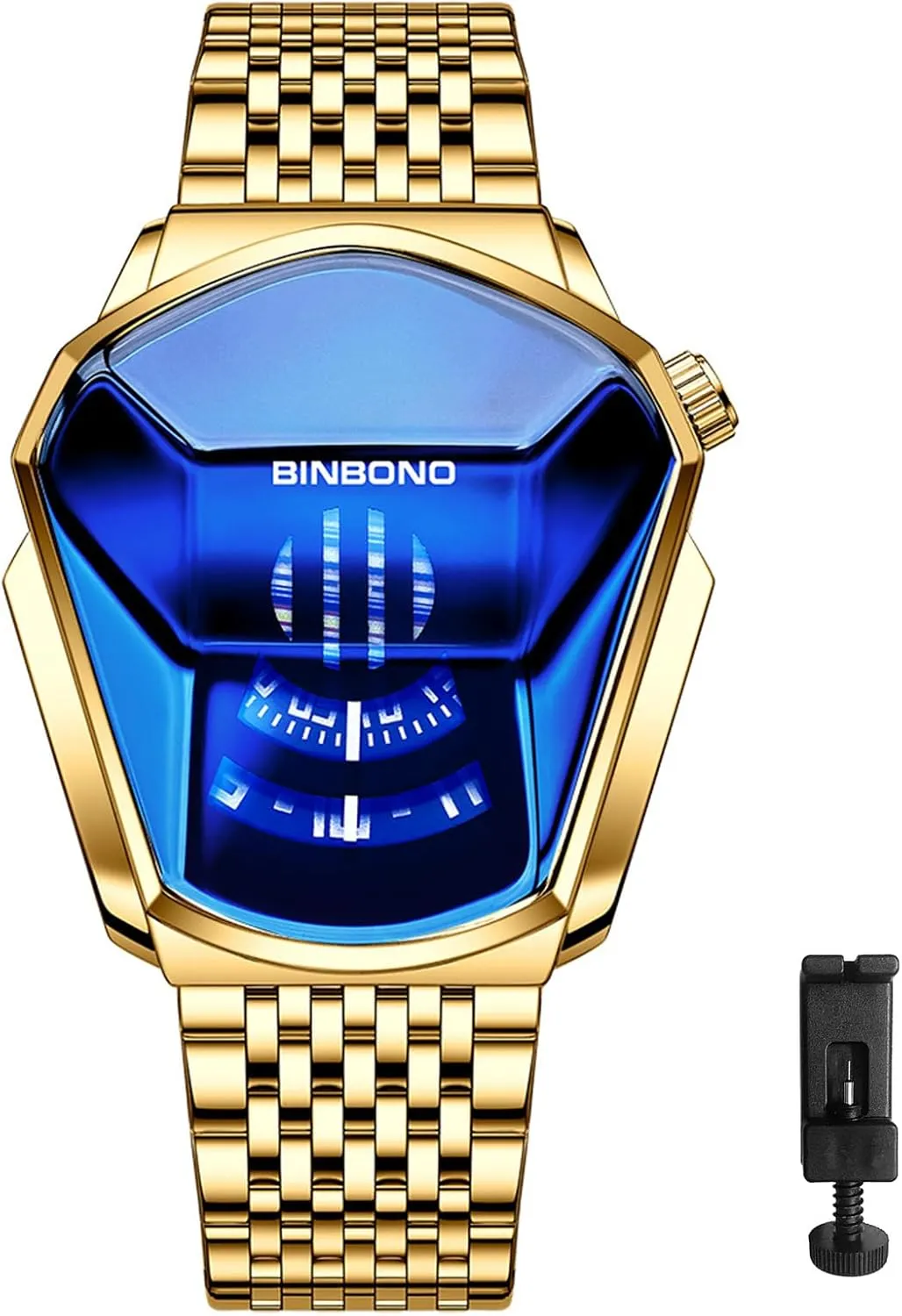 Stainless Steel Watch: Unique Shaped Case Hexagonal Analog Watch with Magnifying Date Luminous Hands LED - Easy Reader Luxury Futuristic Quartz Concept Timepiece postage ambient skirt publicity attempt Aroncent Novel 