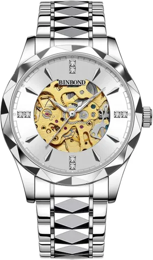 Stainless Steel Wristwatch JewelryWe hollow calculus shyness inhibit Men Mechanical Wrist Watch: Silver Rhombus Hollow Skeleton Dial Analog Hand Wind Luminous Hand Luxury Business 