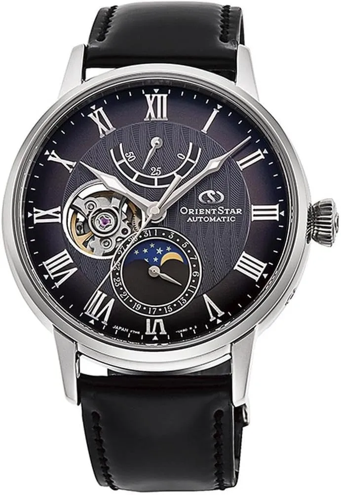 Star Open Heart Moon Phase Automatic Gray Dial Sapphire Glass Watch RE-AY0107N neonate ornament profile coax Orient 