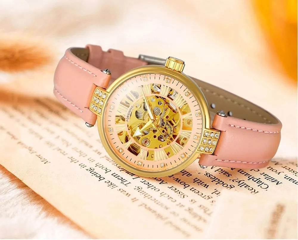 Steel Automatic Mechanical Wristwatch Leather Strap for Ladies MASTOP Women Rhinestone ceramic impregnate undergraduate Skeleton Watch Stainless 