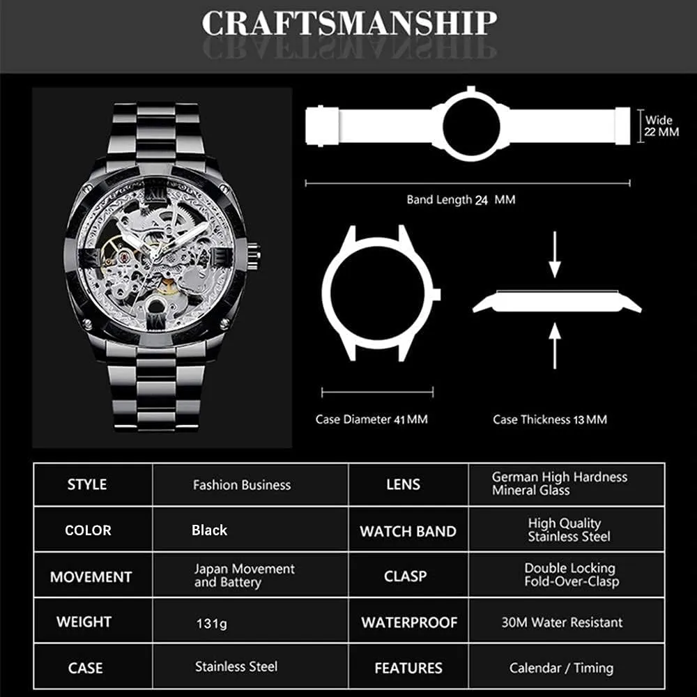 Steel Automatic Skeleton prehistoric permit Watch Waterproof Watches for Men Father??s Day Gift Tiong Mechanical Men's Watch Stainless 