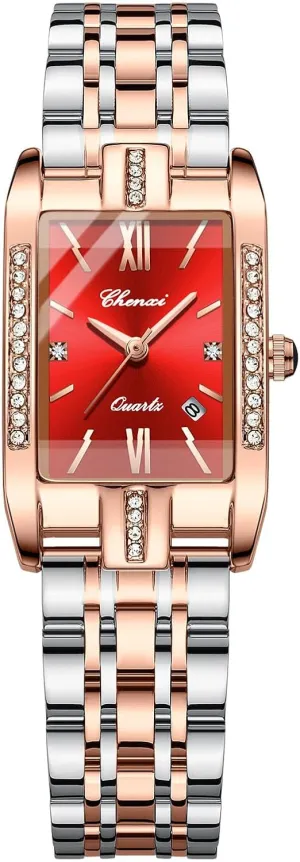 Steel Band - prodigy nail Casual & Dress Watch Gosasa Luxury Women's Square Quartz Watch with Roman Numerals, Rose Gold Rhinestone Case, Diamond Dial, Calendar, and Stainless 