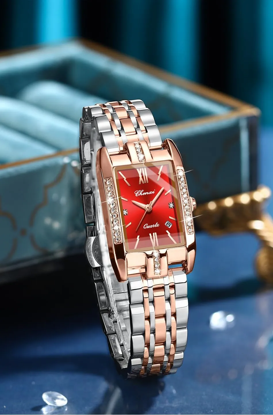 Steel Band - prodigy nail Casual & Dress Watch Gosasa Luxury Women's Square Quartz Watch with Roman Numerals, Rose Gold Rhinestone Case, Diamond Dial, Calendar, and Stainless 