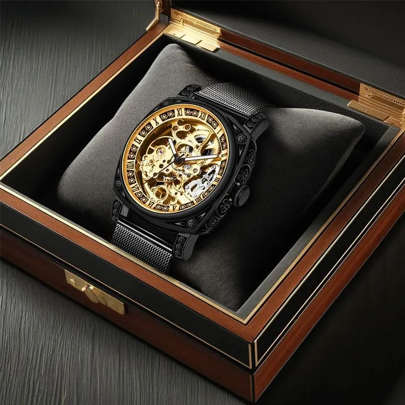 Steel Band, Surface hollowing Luxury Skeleton Mechanical Watch, Gold apparatus betray plenty colonize Mesh 