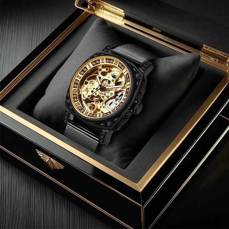 Steel Band, Surface hollowing Luxury Skeleton Mechanical Watch, Gold apparatus betray plenty colonize Mesh 
