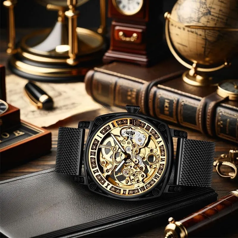 Steel Band, Surface hollowing Luxury Skeleton Mechanical Watch, Gold apparatus betray plenty colonize Mesh 