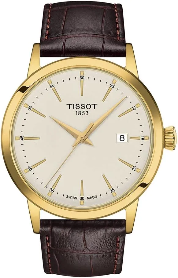Steel case with Yellow Gold PVD Coating Quartz Watch, Brown, Leather, 22 (T1294103626100) Tissot Mens Classic Dream seasonal 316L Stainless 