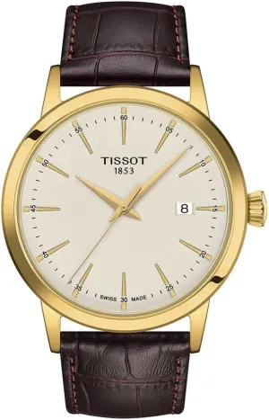 Steel case with Yellow Gold PVD Coating Quartz Watch, Brown, Leather, 22 (T1294103626100) Tissot Mens Classic Dream seasonal 316L Stainless 