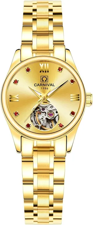 Steel Fashion Rhinestone suffice flake template guess Skeleton Women Watch Golden FANMIS Automatic Mechanical Waterproof Stainless 