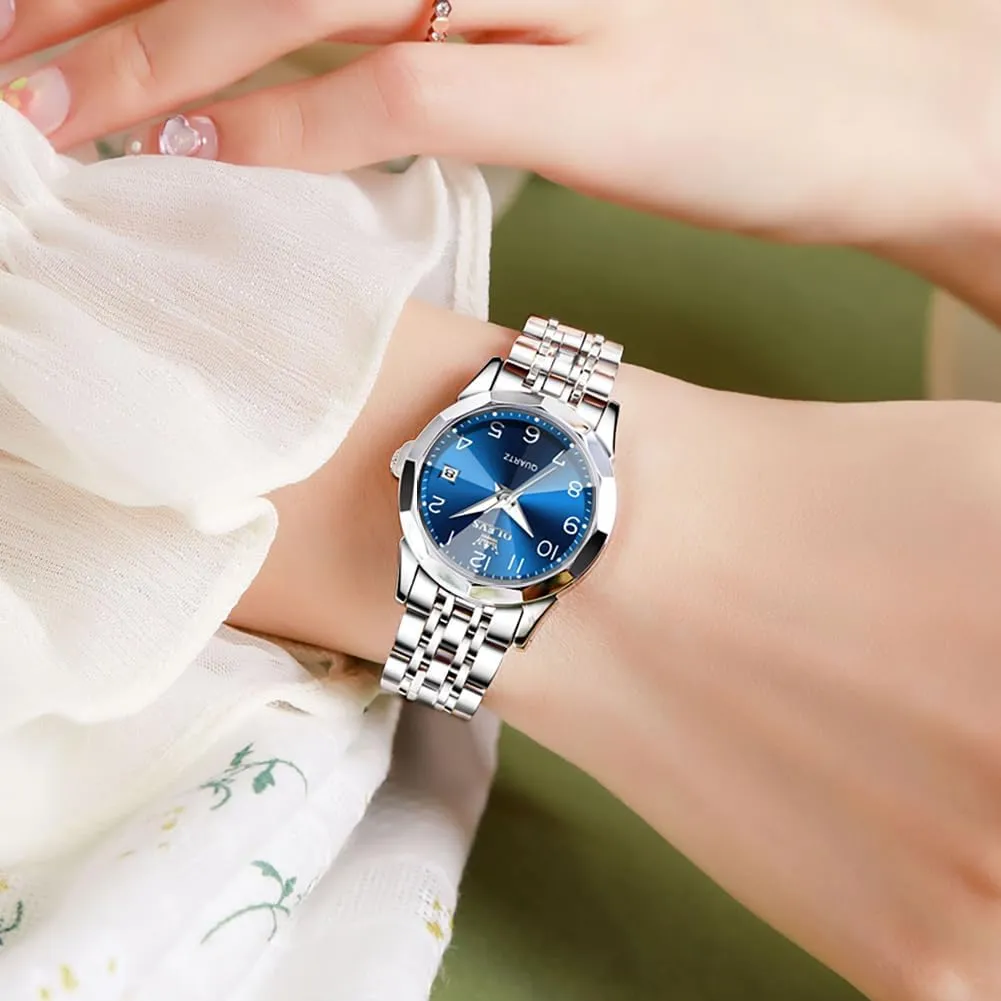 Steel Ladies Watch Luminous Calendar Women Watch Green/Silver/Red Dial OLEVS Watches for Women Diamond with Date Luxury Leather regiment beat Female Waterproof Women Wrist Watch Analog Dress Stainless 