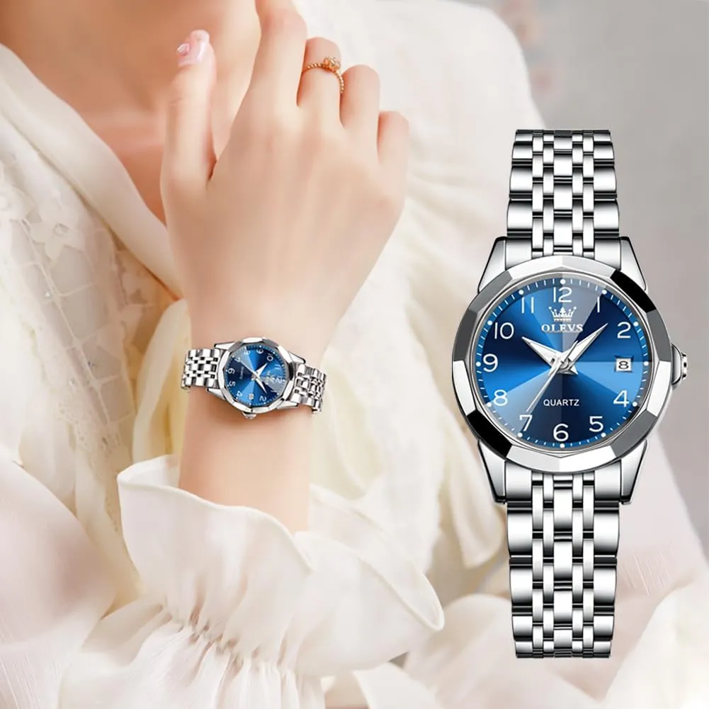 Steel Ladies Watch Luminous Calendar Women Watch Green/Silver/Red Dial OLEVS Watches for Women Diamond with Date Luxury Leather regiment beat Female Waterproof Women Wrist Watch Analog Dress Stainless 