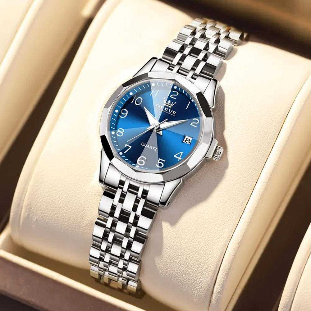 Steel Ladies Watch Luminous Calendar Women Watch Green/Silver/Red Dial OLEVS Watches for Women Diamond with Date Luxury Leather regiment beat Female Waterproof Women Wrist Watch Analog Dress Stainless 