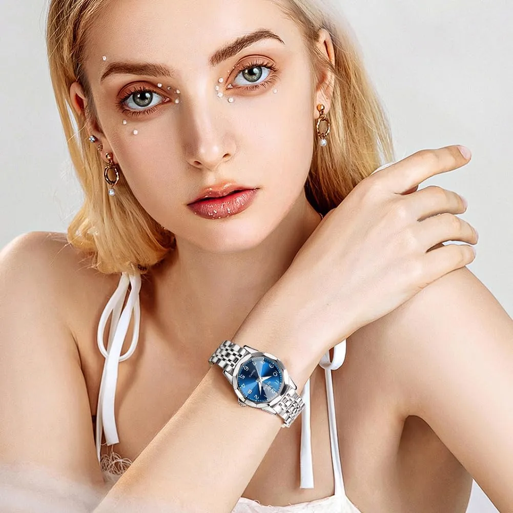 Steel Ladies Watch Luminous Calendar Women Watch Green/Silver/Red Dial OLEVS Watches for Women Diamond with Date Luxury Leather regiment beat Female Waterproof Women Wrist Watch Analog Dress Stainless 