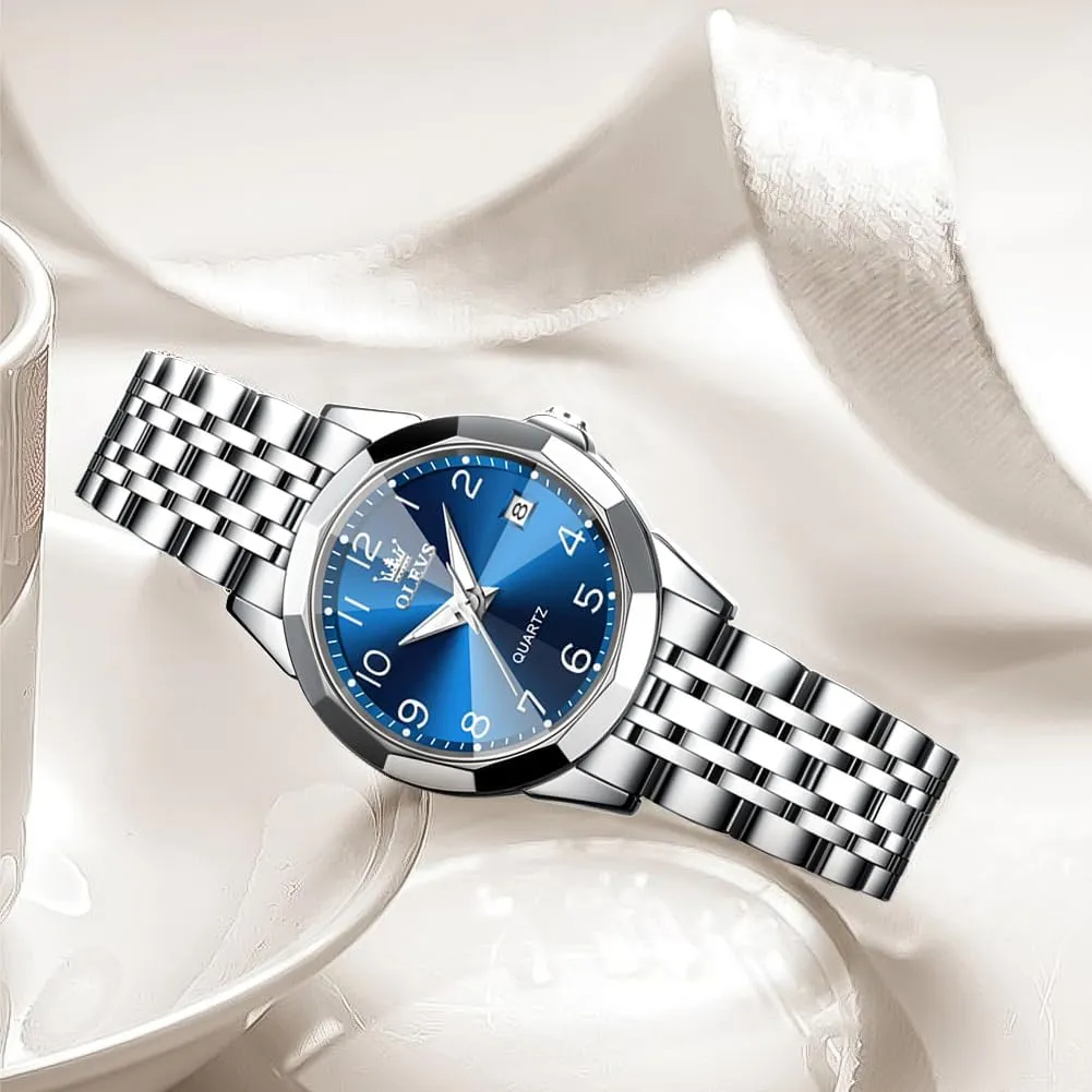 Steel Ladies Watch Luminous Calendar Women Watch Green/Silver/Red Dial OLEVS Watches for Women Diamond with Date Luxury Leather regiment beat Female Waterproof Women Wrist Watch Analog Dress Stainless 