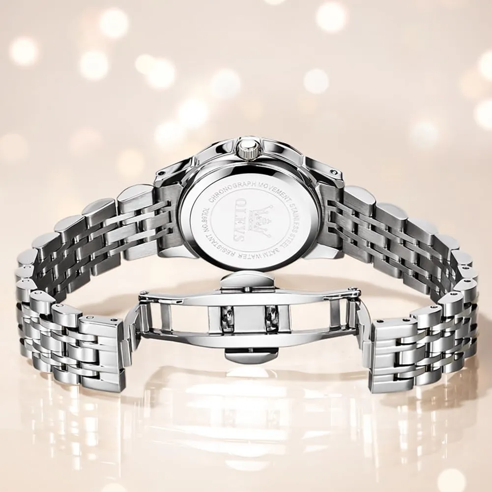 Steel Ladies Watch Luminous Calendar Women Watch Green/Silver/Red Dial OLEVS Watches for Women Diamond with Date Luxury Leather regiment beat Female Waterproof Women Wrist Watch Analog Dress Stainless 