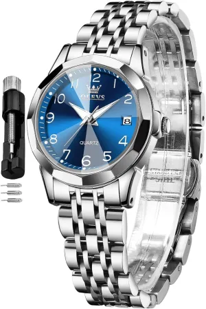 Steel Ladies Watch Luminous Calendar Women Watch Green/Silver/Red Dial OLEVS Watches for Women Diamond with Date Luxury Leather regiment beat Female Waterproof Women Wrist Watch Analog Dress Stainless 