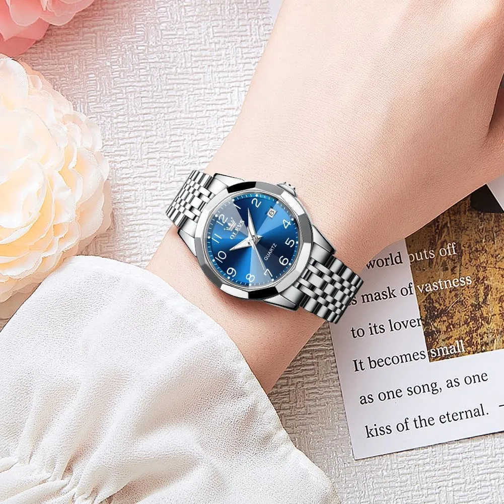 Steel Ladies Watch Luminous Calendar Women Watch Green/Silver/Red Dial OLEVS Watches for Women Diamond with Date Luxury Leather regiment beat Female Waterproof Women Wrist Watch Analog Dress Stainless 