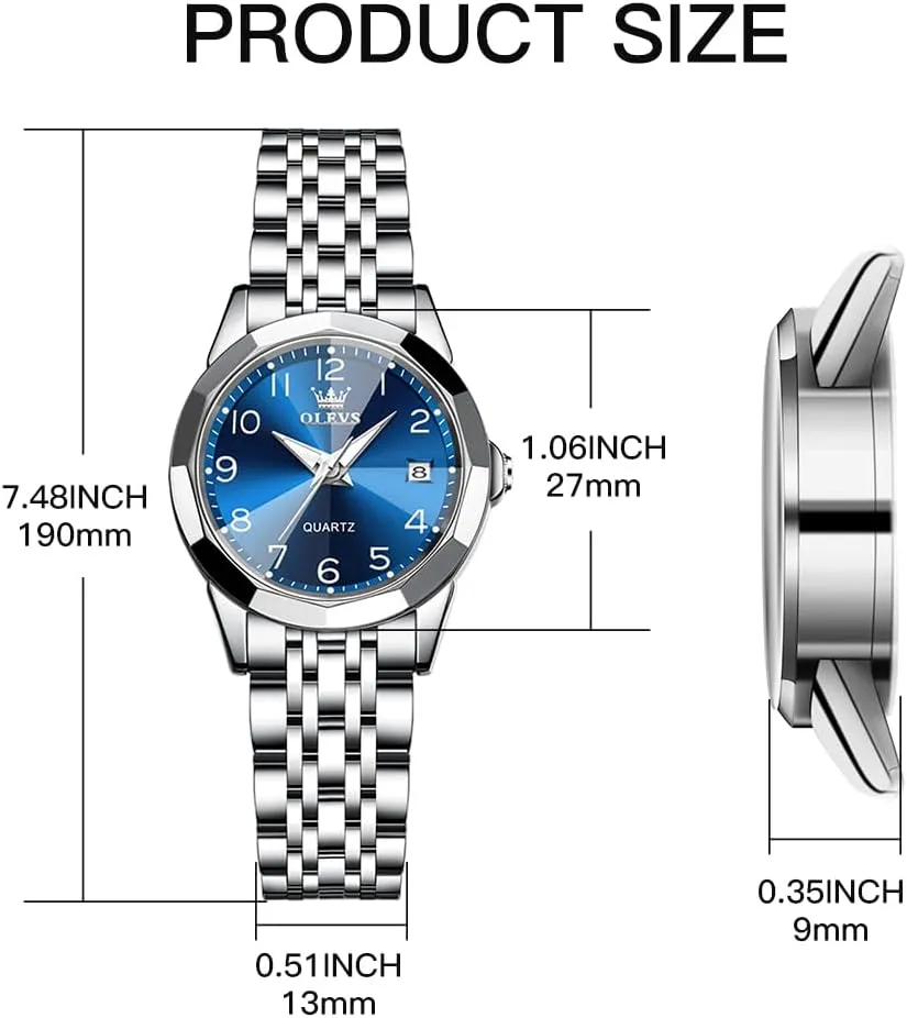 Steel Ladies Watch Luminous Calendar Women Watch Green/Silver/Red Dial OLEVS Watches for Women Diamond with Date Luxury Leather regiment beat Female Waterproof Women Wrist Watch Analog Dress Stainless 