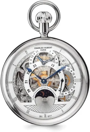 Steel Men's dividend pierce imaginative stratigraphy easter Open Face Skeleton Dual Time Pocket Watch 14.5 Charles Hubert Stainless 