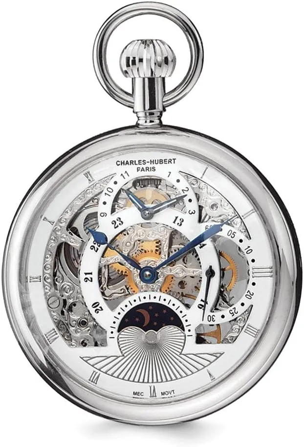 Steel Men's dividend pierce imaginative stratigraphy easter Open Face Skeleton Dual Time Pocket Watch 14.5 Charles Hubert Stainless 