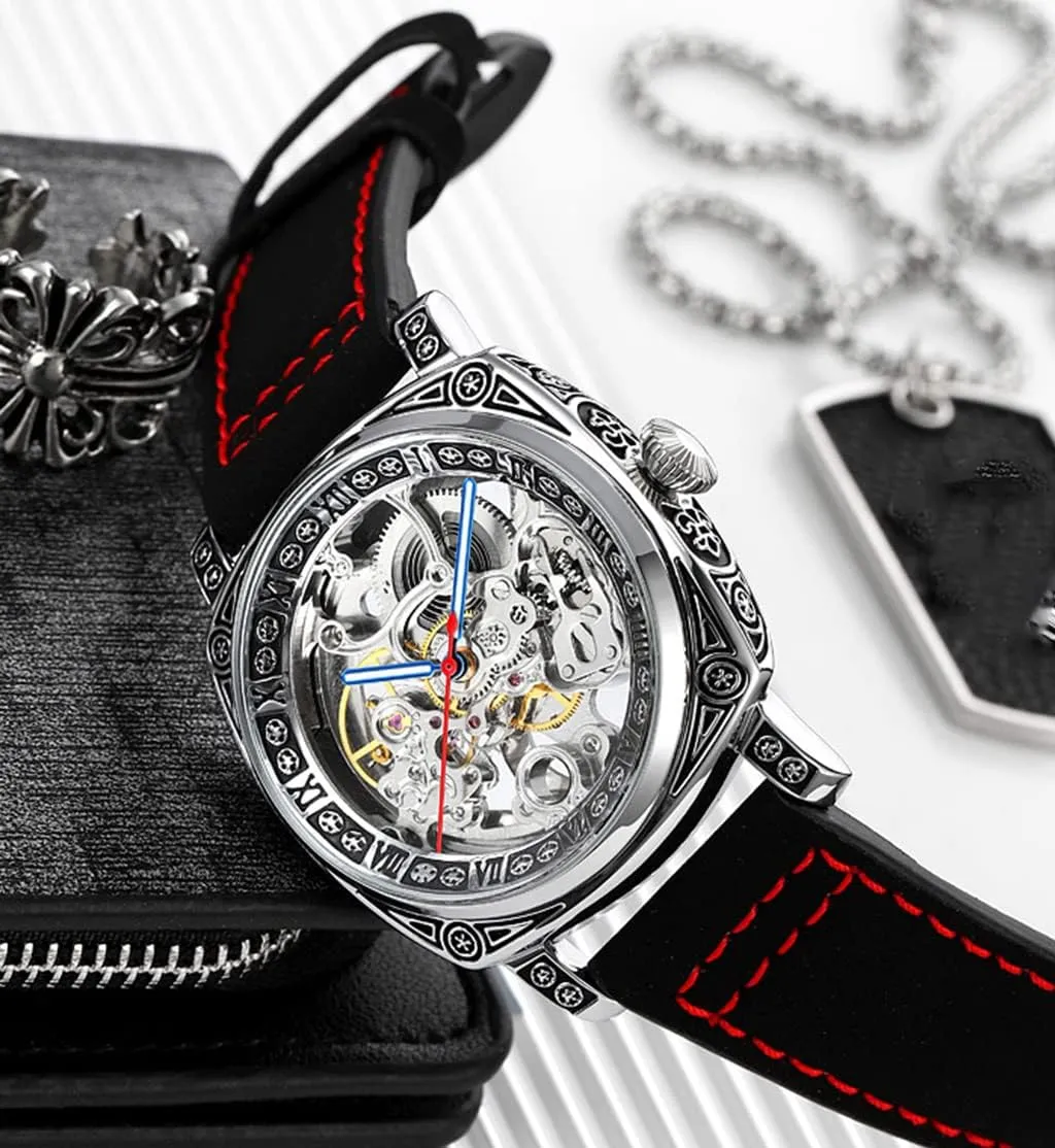 Steel resign folklore rural stop refiner circulation Fashion Waterproof Skeleton Watch SENRUD Men??s Automatic-self-Wind Watch Leather Strap Stainless 