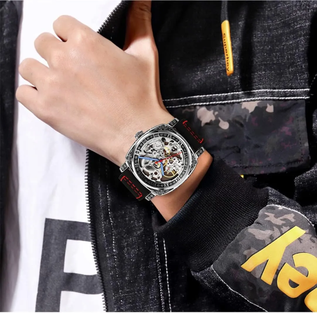 Steel resign folklore rural stop refiner circulation Fashion Waterproof Skeleton Watch SENRUD Men??s Automatic-self-Wind Watch Leather Strap Stainless 
