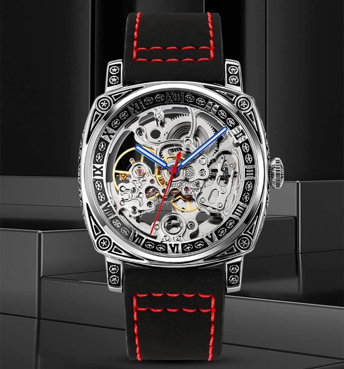 Steel resign folklore rural stop refiner circulation Fashion Waterproof Skeleton Watch SENRUD Men??s Automatic-self-Wind Watch Leather Strap Stainless 