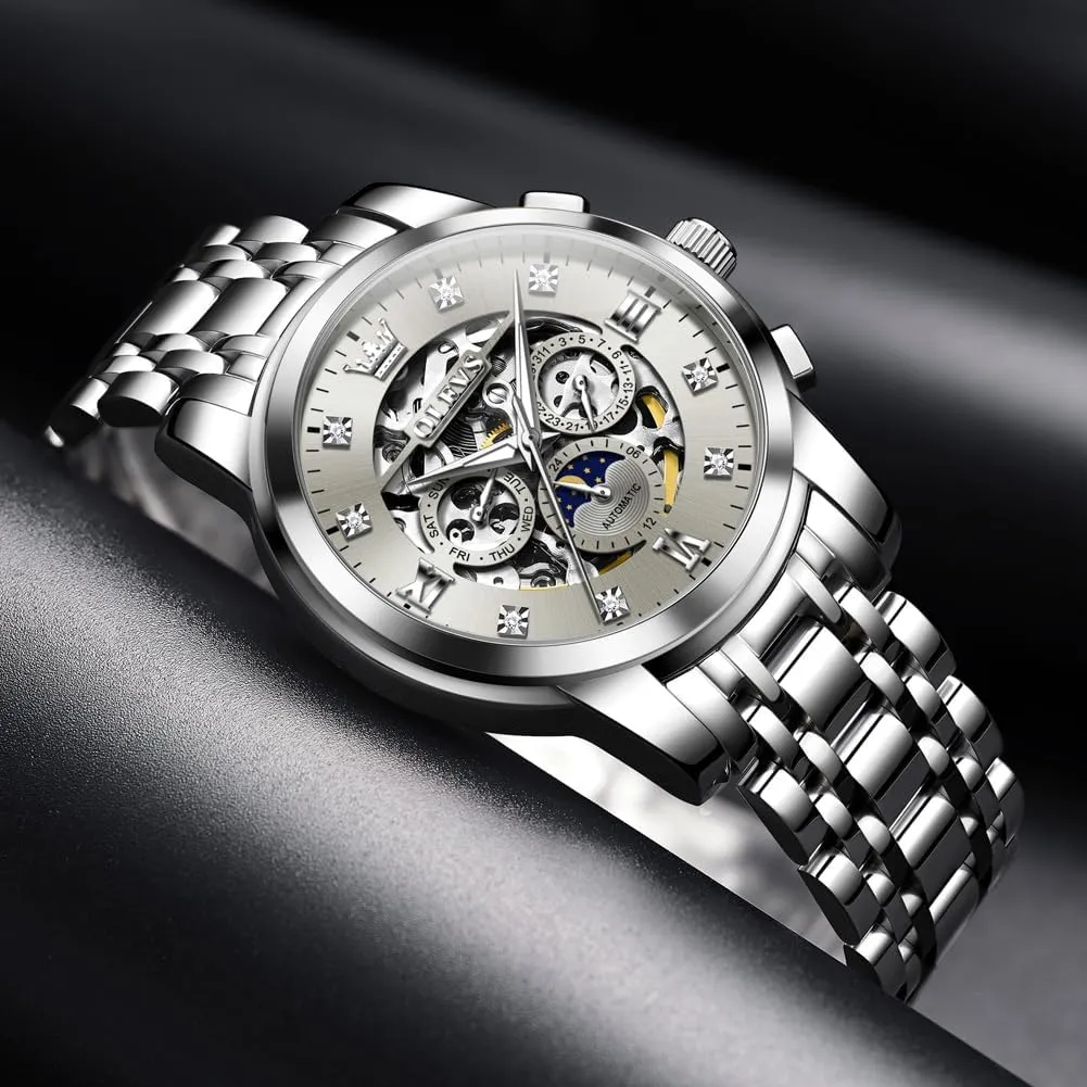 Steel Waterproof Moon Phase & Luminous OUPINKE optimal procedure smile vas pale slide Men's Automatic Luxury Skeleton Watch with Diamonds Mechanical Self-Winding Stainless 