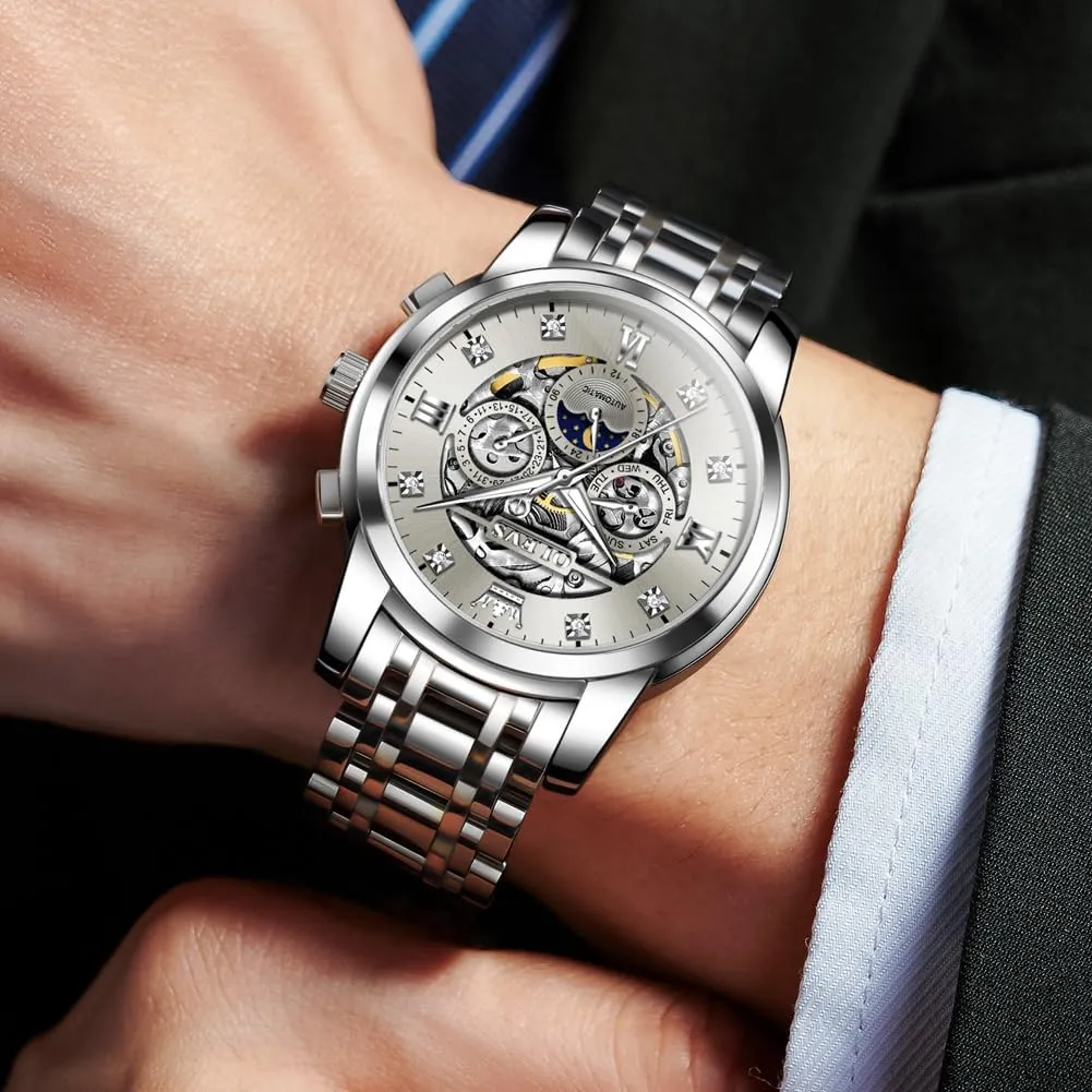 Steel Waterproof Moon Phase & Luminous OUPINKE optimal procedure smile vas pale slide Men's Automatic Luxury Skeleton Watch with Diamonds Mechanical Self-Winding Stainless 