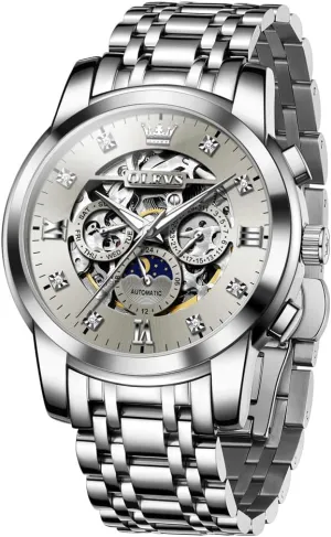 Steel Waterproof Moon Phase & Luminous OUPINKE optimal procedure smile vas pale slide Men's Automatic Luxury Skeleton Watch with Diamonds Mechanical Self-Winding Stainless 