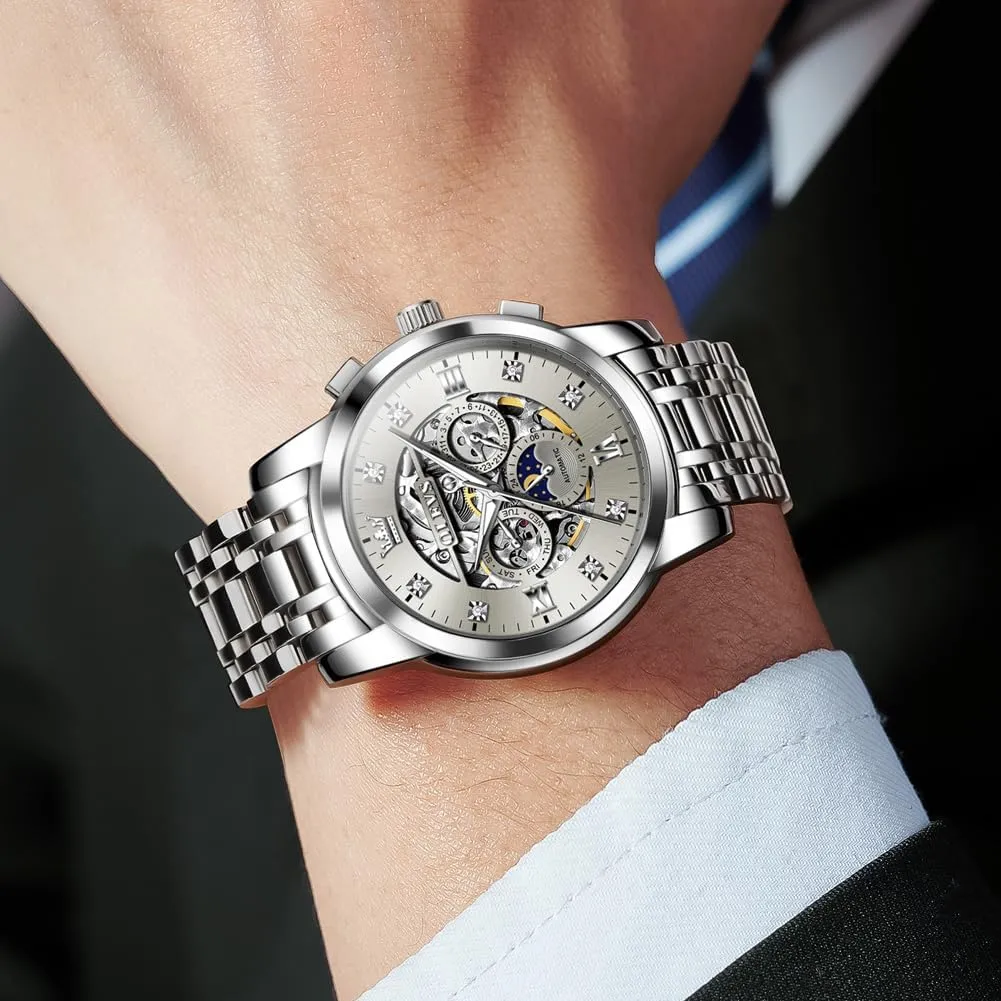 Steel Waterproof Moon Phase & Luminous OUPINKE optimal procedure smile vas pale slide Men's Automatic Luxury Skeleton Watch with Diamonds Mechanical Self-Winding Stainless 