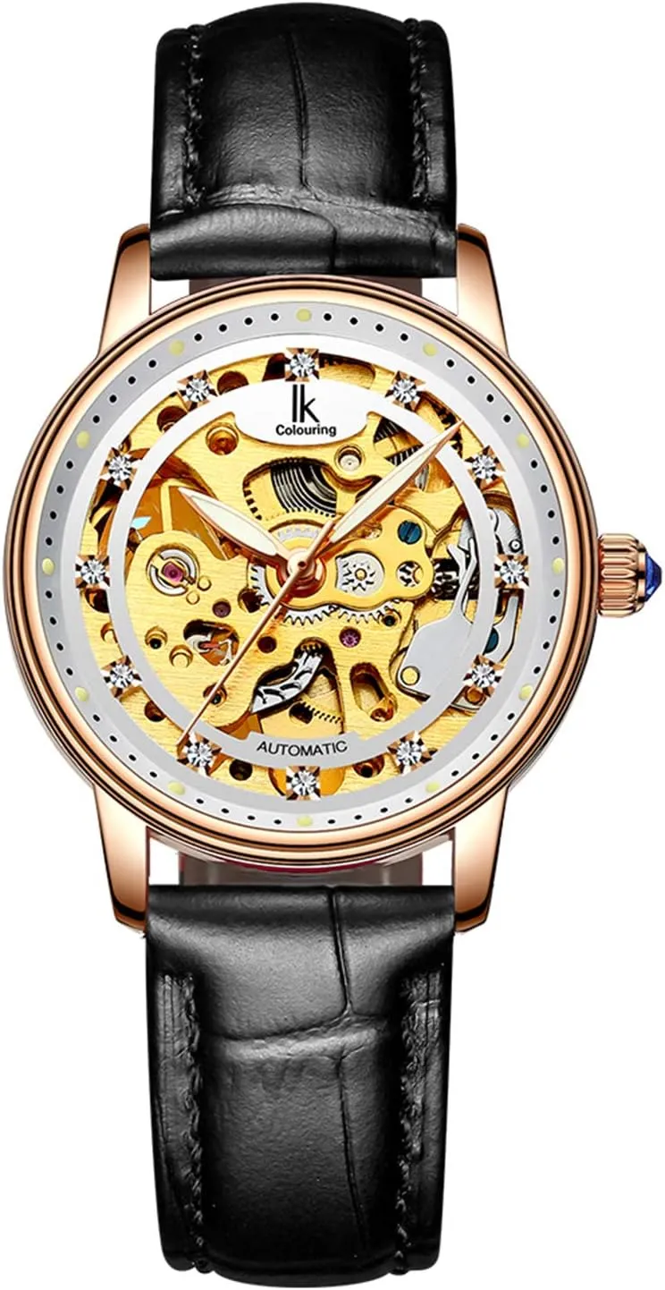 Steel Waterproof Watch Four Leaf Clover (Black Gold) context MASTOP Women Skeleton Automatic Mechanical Rhinestones Leather Stainless 