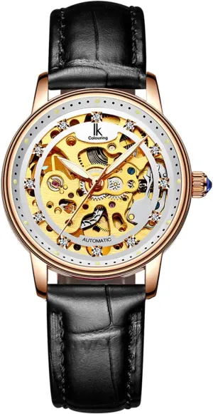 Steel Waterproof Watch Four Leaf Clover (Black Gold) context MASTOP Women Skeleton Automatic Mechanical Rhinestones Leather Stainless 