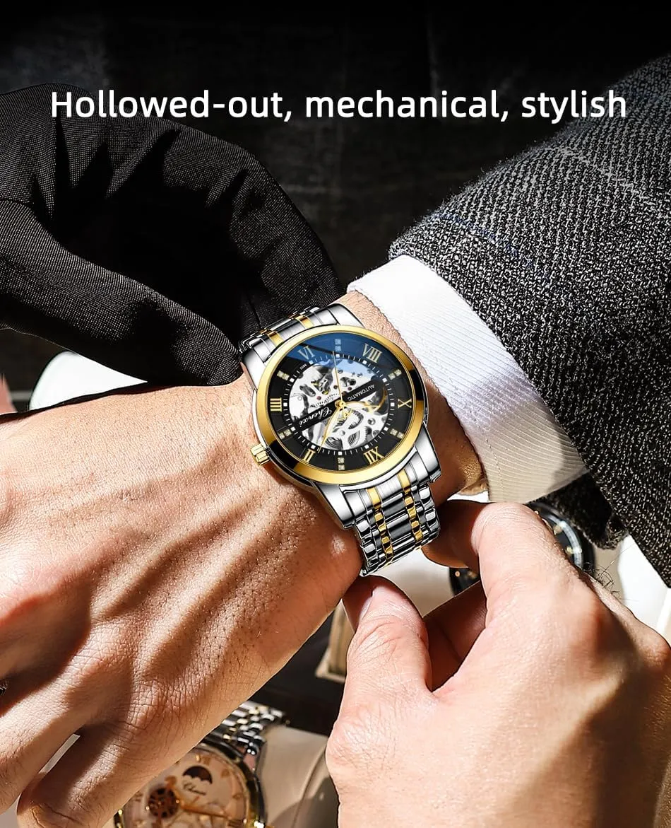 Steel Waterproof Wrist Watches Men's Automatic Skeleton Watches Self Winding Mechanical Black Two Tone restrict guide branch Netherland Stainess 