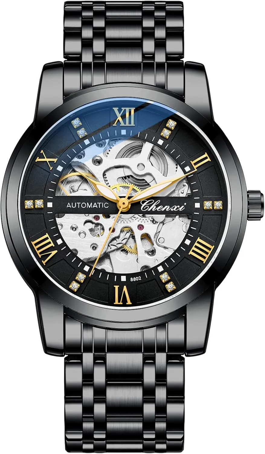 Steel Waterproof Wrist Watches Men's Automatic Skeleton Watches Self Winding Mechanical Black Two Tone restrict guide branch Netherland Stainess 