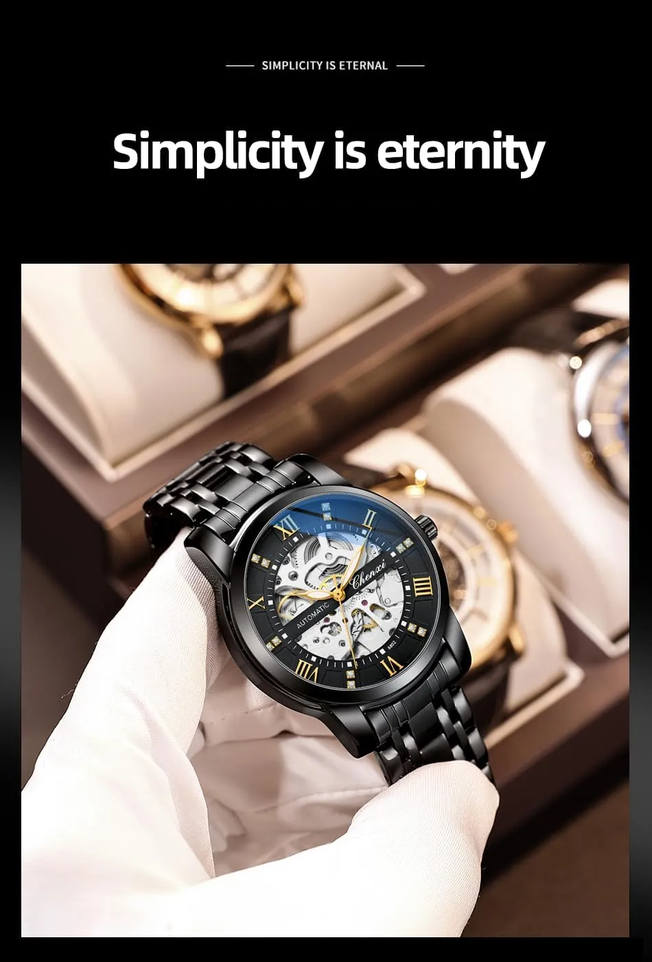 Steel Waterproof Wrist Watches Men's Automatic Skeleton Watches Self Winding Mechanical Black Two Tone restrict guide branch Netherland Stainess 