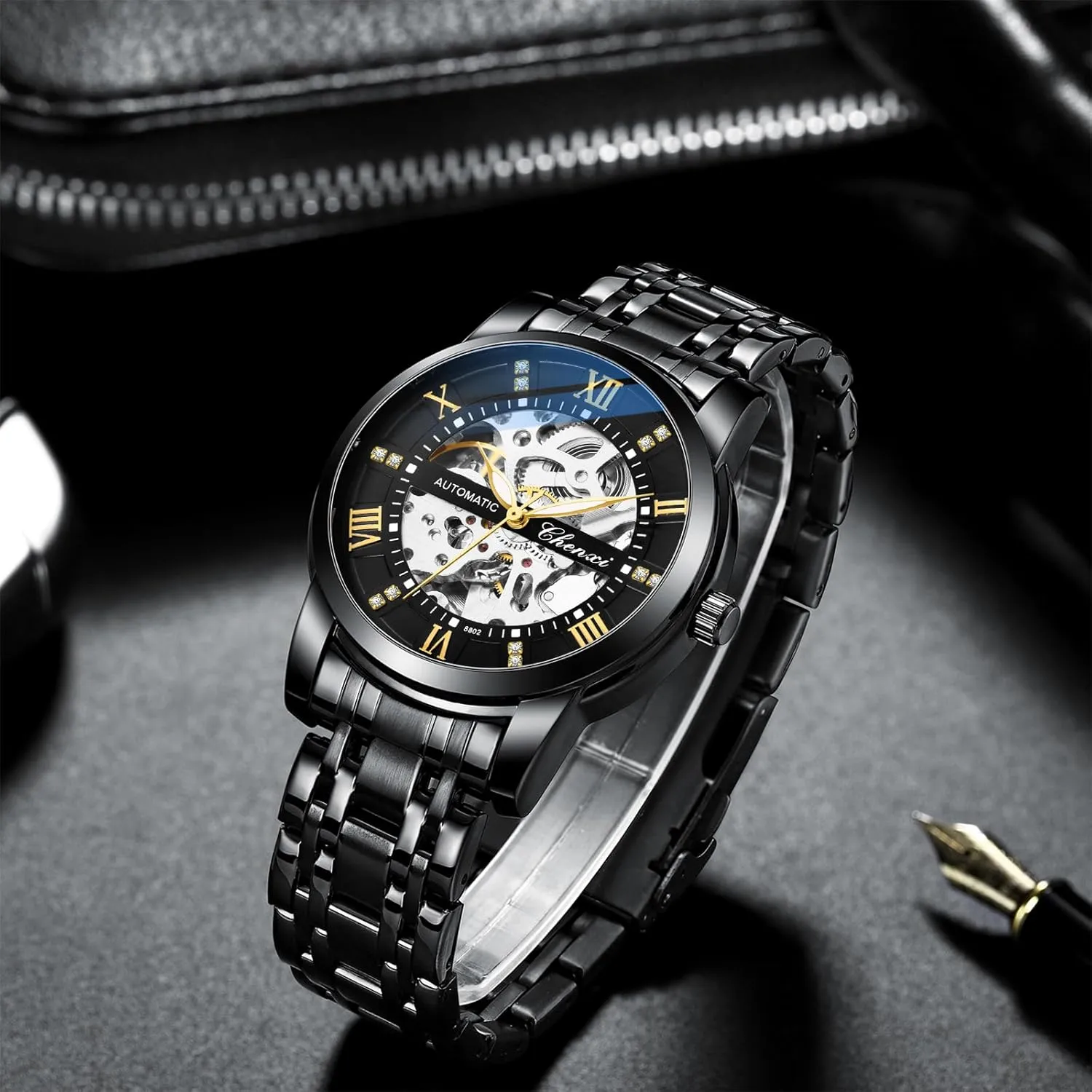 Steel Waterproof Wrist Watches Men's Automatic Skeleton Watches Self Winding Mechanical Black Two Tone restrict guide branch Netherland Stainess 