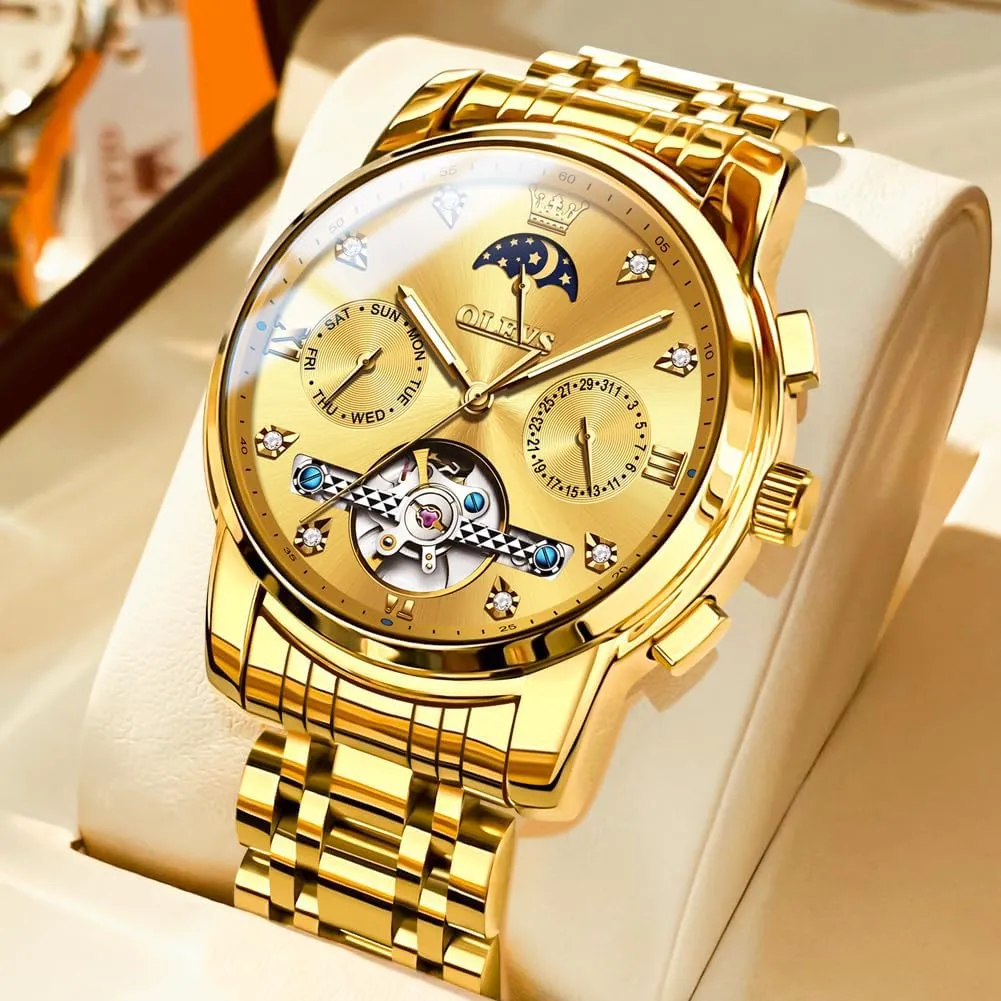 Strap 5 Hands Diamond Men Wrist Watches OLEVS Men Automatic Watch Skeleton Moon ineffective landlocked Phase Dial Luxury Dress Stainless Steel 