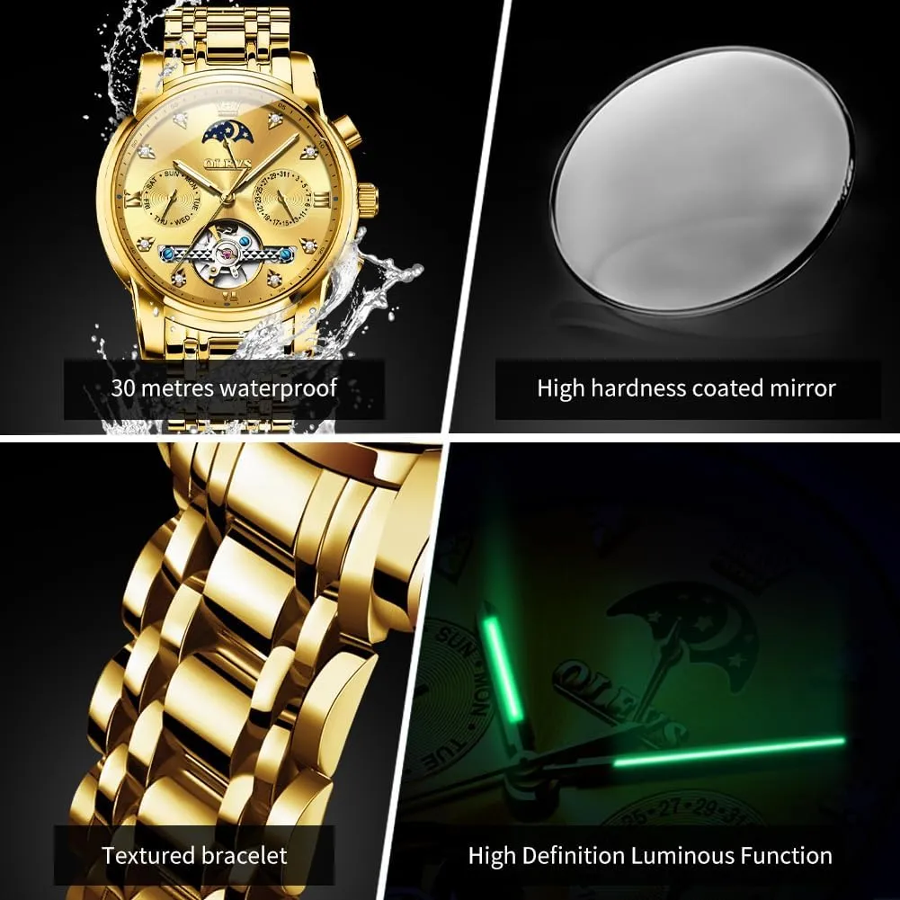 Strap 5 Hands Diamond Men Wrist Watches OLEVS Men Automatic Watch Skeleton Moon ineffective landlocked Phase Dial Luxury Dress Stainless Steel 