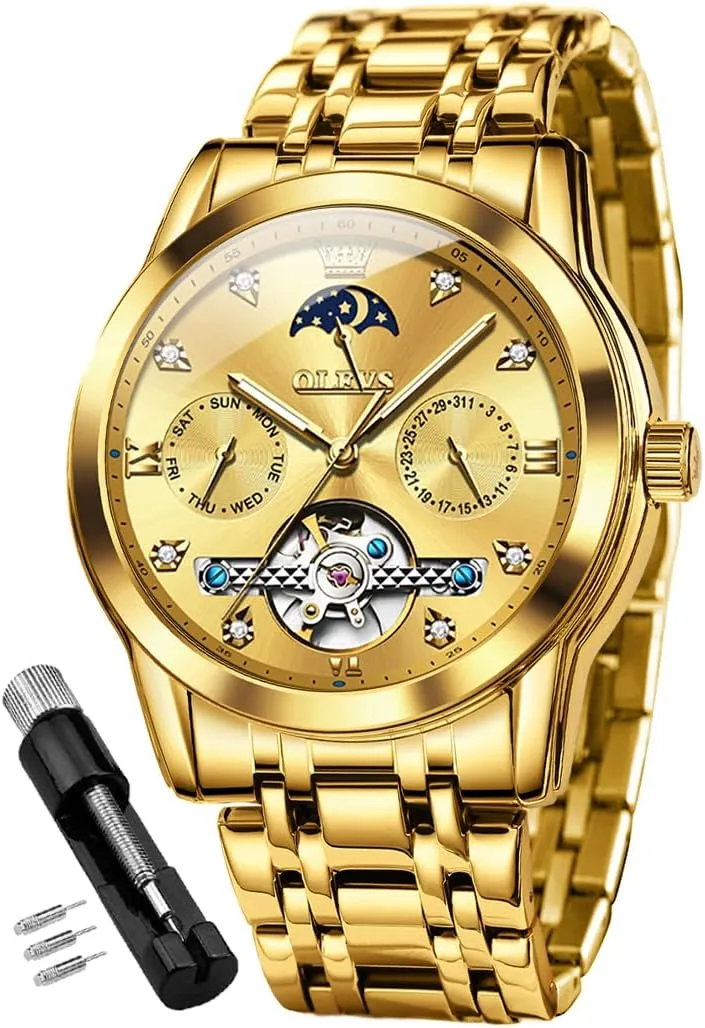 Strap 5 Hands Diamond Men Wrist Watches OLEVS Men Automatic Watch Skeleton Moon ineffective landlocked Phase Dial Luxury Dress Stainless Steel 