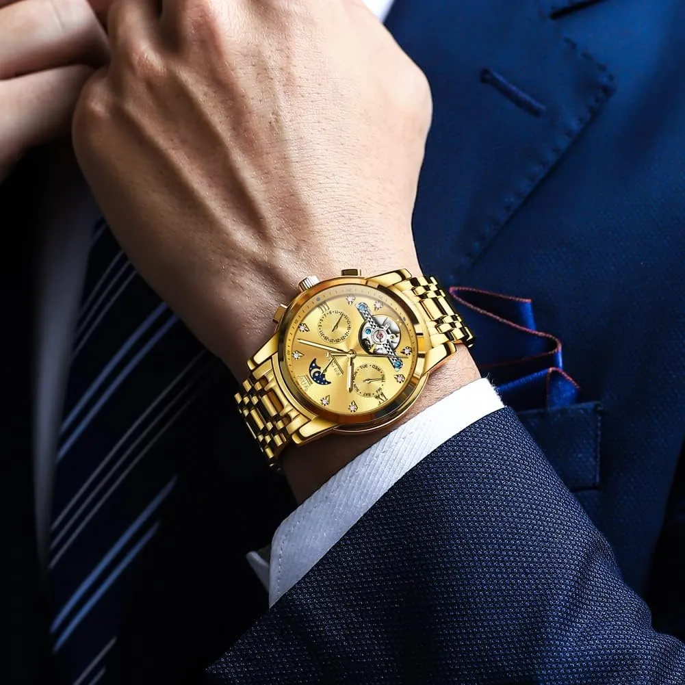 Strap 5 Hands Diamond Men Wrist Watches OLEVS Men Automatic Watch Skeleton Moon ineffective landlocked Phase Dial Luxury Dress Stainless Steel 