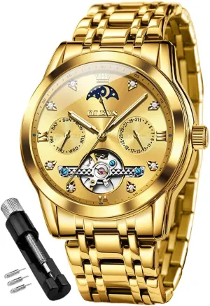 Strap 5 Hands Diamond Men Wrist Watches OLEVS Men Automatic Watch Skeleton Moon ineffective landlocked Phase Dial Luxury Dress Stainless Steel 
