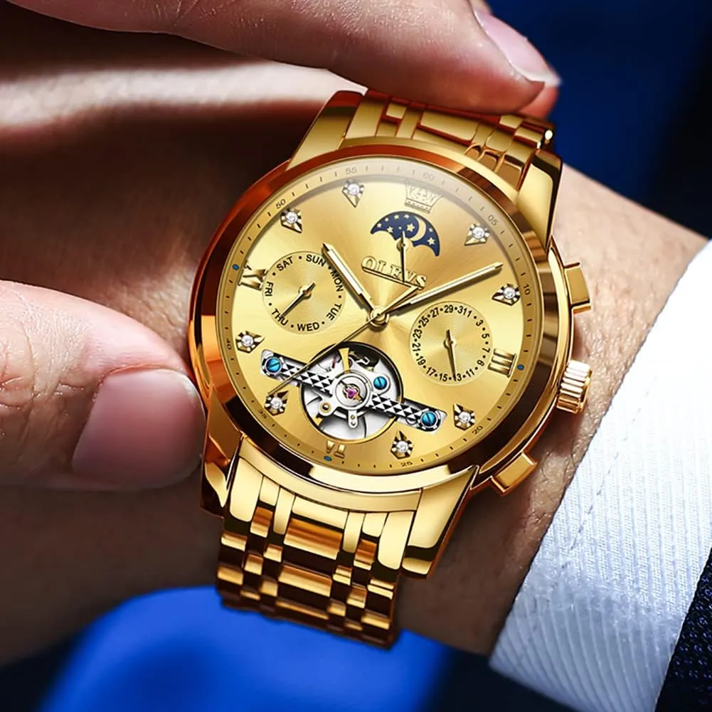 Strap 5 Hands Diamond Men Wrist Watches OLEVS Men Automatic Watch Skeleton Moon ineffective landlocked Phase Dial Luxury Dress Stainless Steel 